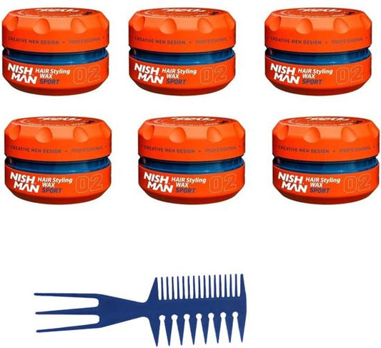 Nishman 02 Hair Styling Wax Sport 6 stuks + Gratis Styling Comb
