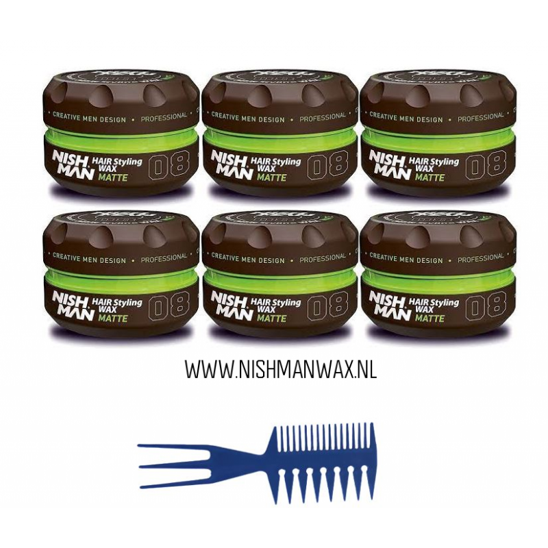 Nishman 08 Hair Styling Wax Matte 6 stuks + Gratis Styling Comb
