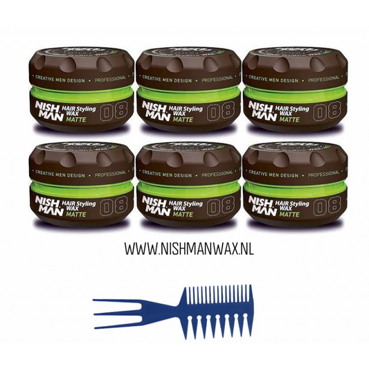 Nishman 08 Hair Styling Wax Matte 6 stuks + Gratis Styling Comb