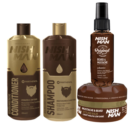 Nishman | Baard en Snor | Conditioner | Shampoo | Baardwax | Baardparfum | Set van 4